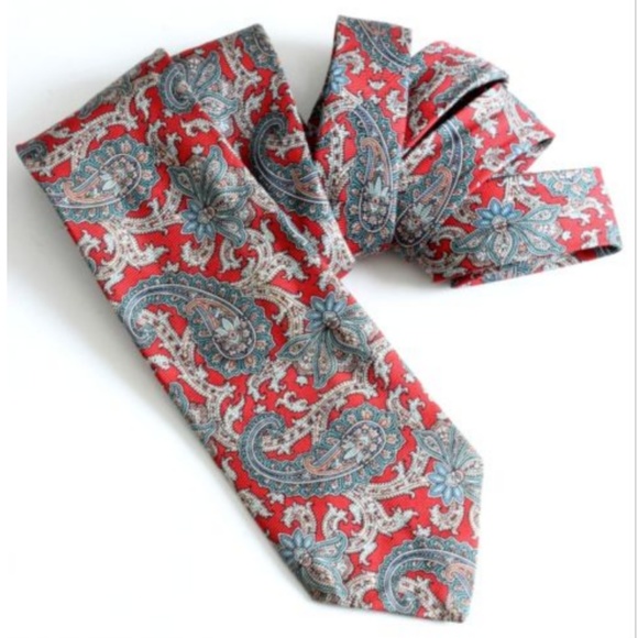 Burberrys London Mens Silk Neck Tie Paisley Print Vintage Red Gray - Picture 1 of 5